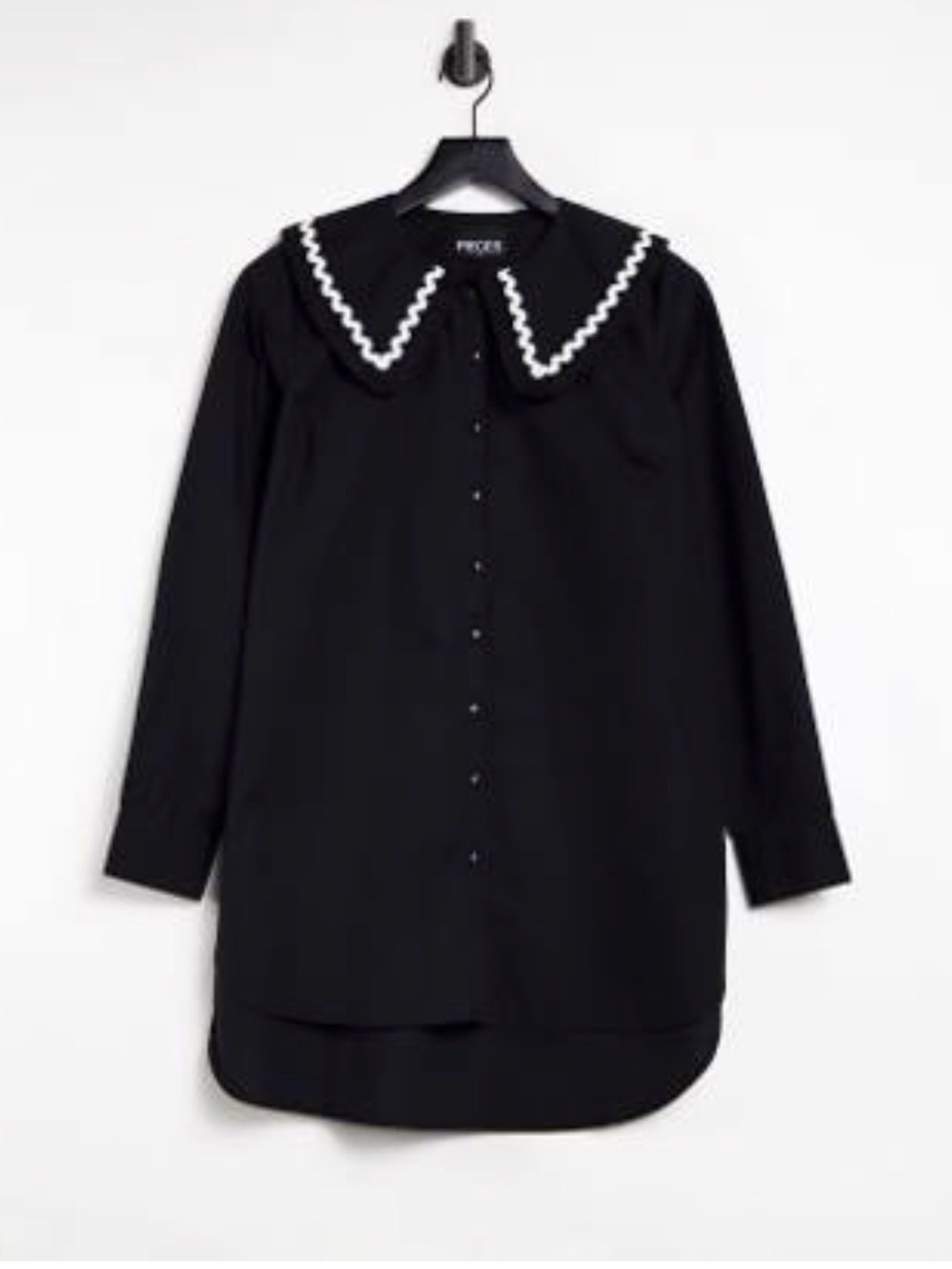 PIECES Black Button-Up Blouse with White Trim Large Collar. Size Medium